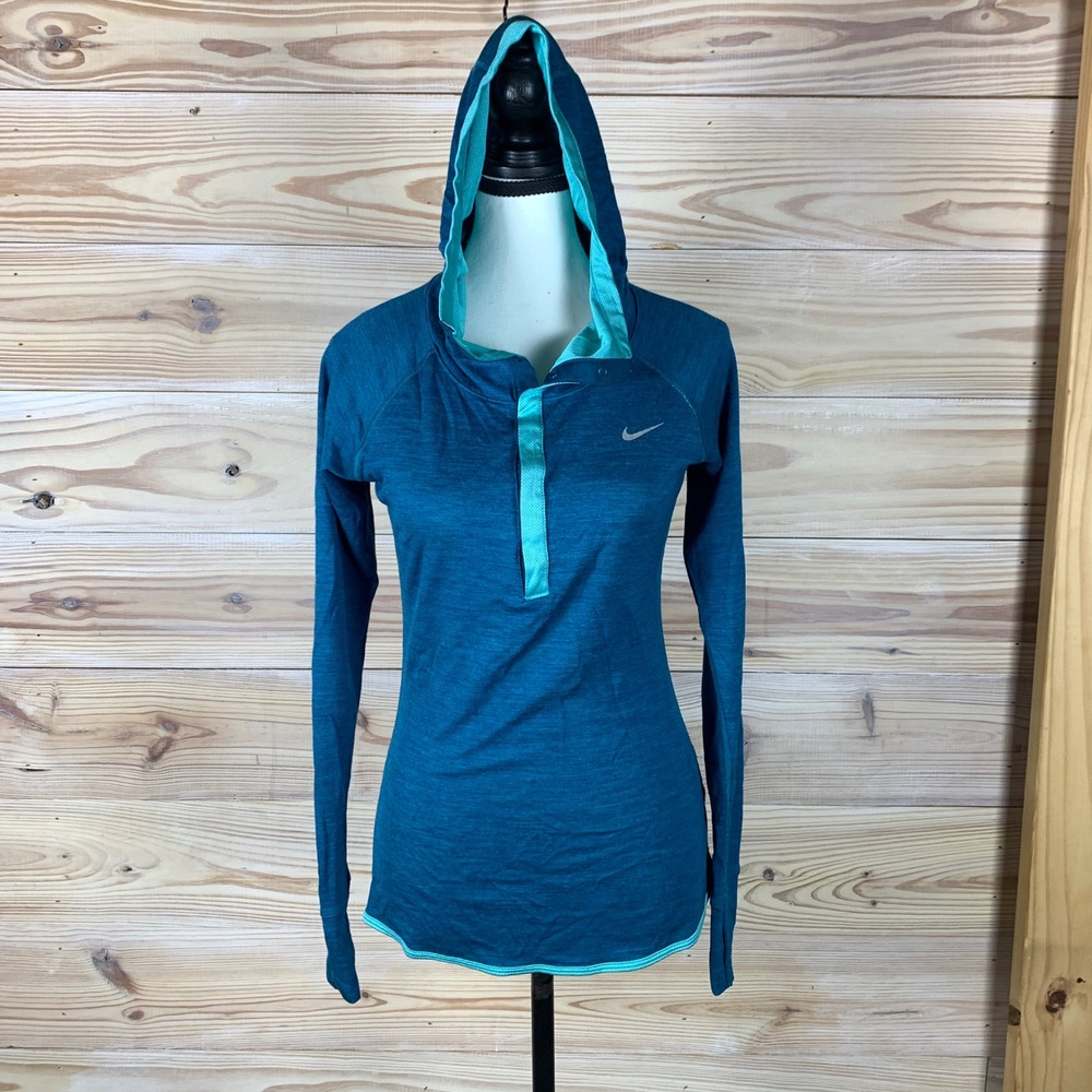 Nike Running Hoodie Womens S Blue Dri-FIT Snap Neck Thumbhole Top